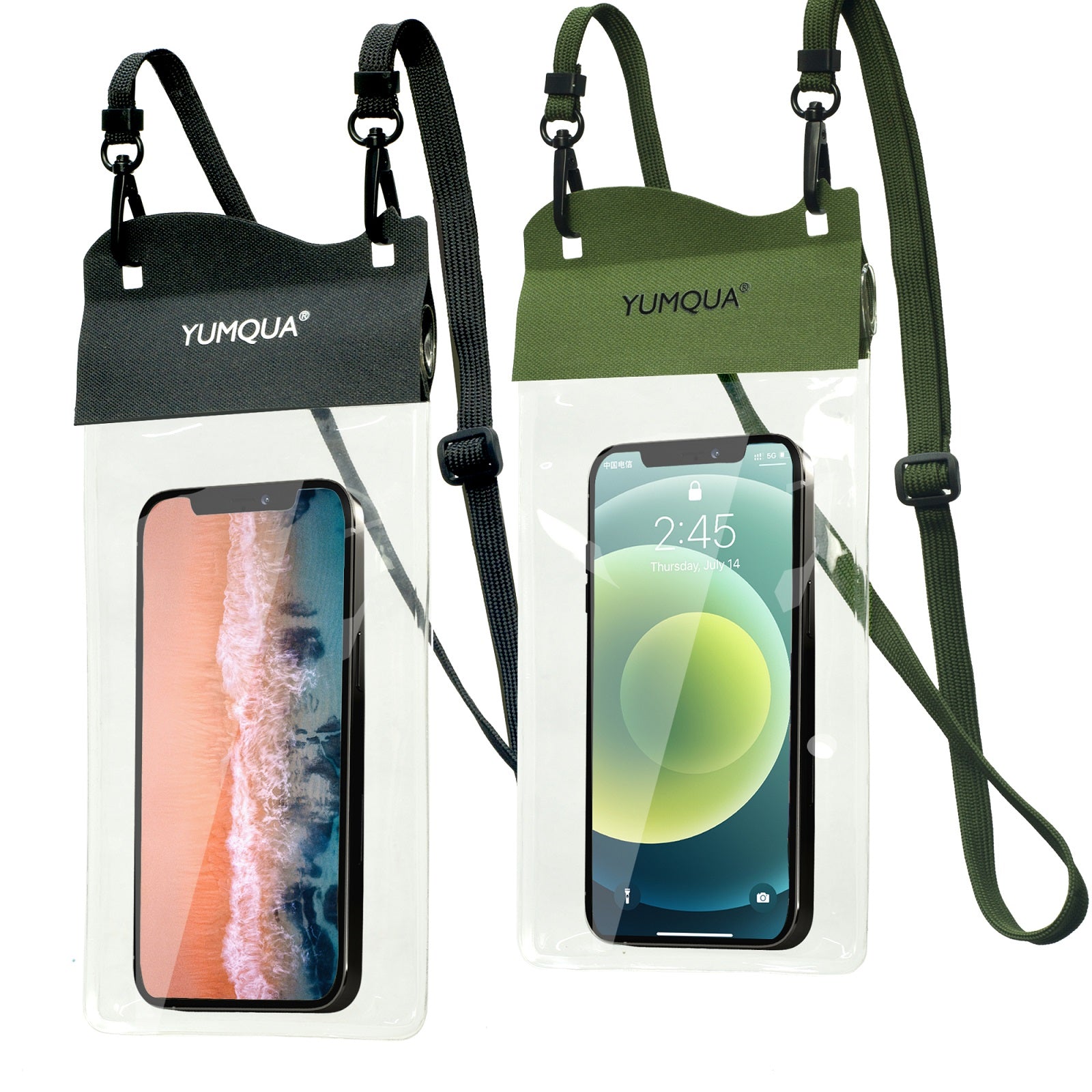 YUMQUA Waterproof Phone Pouch 2 Pack, [Up to 7.5"] IPX8 Waterproof Cell Phone Case Dry Bag Compatible with iPhone 14 13 12 11 Pro Max/XR/8 Plus, Galaxy S20+ S10, Pixel 4 XL, Army Green+Yellow