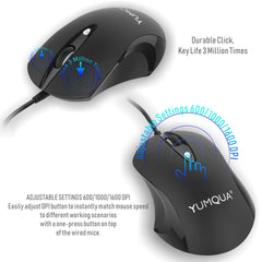 YUMQUA 189-E USB Wired Mouse, Optical Ergonomic Computer Mouse with Upgrade 4 Adjustable DPI (Up to 1600)