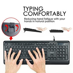 YUMQUA Wired Computer Keyboard, Basic Corded Keyboard with Number Pad, 104 Keys, 5FT USB Cable and Foldable Stands, Compatible for Windows Laptop PC Desktop, Black
